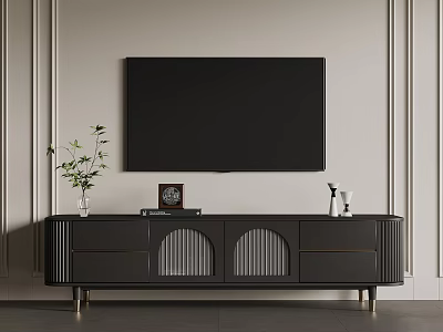 Modern Black TV Stand With Decorative Vase Photo Frame And Speakers In Living Room 3d model