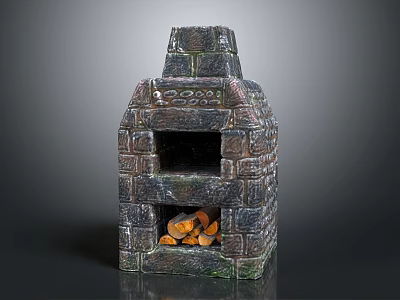Rustic Stone Fireplace With Chimney And Stacked Wood Logs Inside 3d model