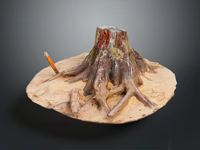 Handcrafted Wooden Stone Sculpture Featuring Tree Stump Roots and Base 3d model