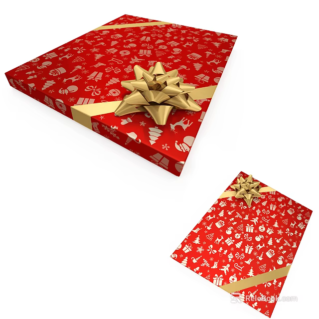 Red Wrapping Gift Ornament Decor Set With Gold Bow And Festive Patterns 3d model 