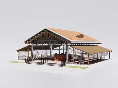 Industrial Factory Building With Wooden Structure Large Roof Open Design Canopy And Outdoor Area 3d model