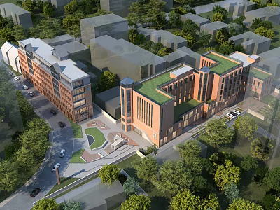 Aerial Planning of Urban Red Brick Buildings With Green Roofs Surrounding Trees and Roads 3d model