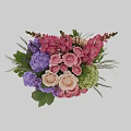 Decorative Flower Arrangement with Pink Roses Purple Hydrangeas and Beige Delphiniums in Black Textured Vase