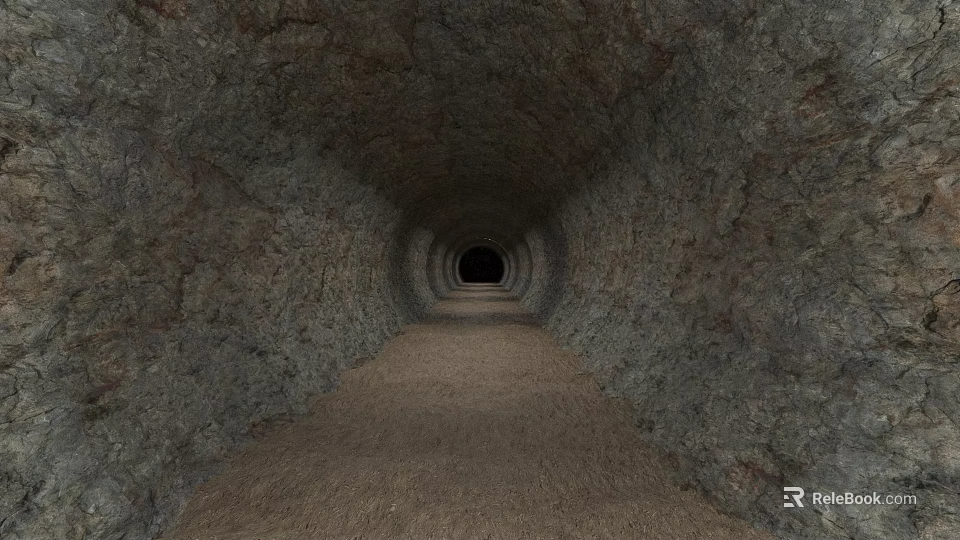 Road Tunnel With Rough Rock Walls Sandy Ground And End Light 3d model 