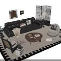 Stylish Black Leather Sofa And Coffee Table Set With Pillows Throw Blanket On Area Rug