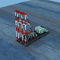 Offshore Drilling Platform Red And White Tall Tower Structure On Ocean With Vessel