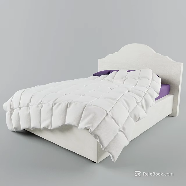 Modern Double Bed With White Frame White Comforter And Purple Pillows 3d model 