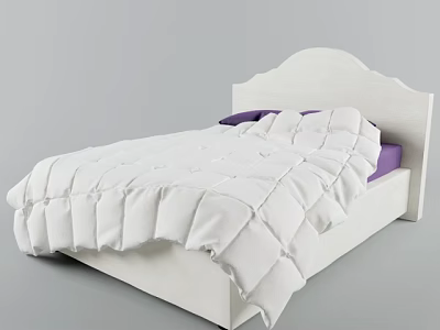 Modern Double Bed With White Frame White Comforter And Purple Pillows 3d model