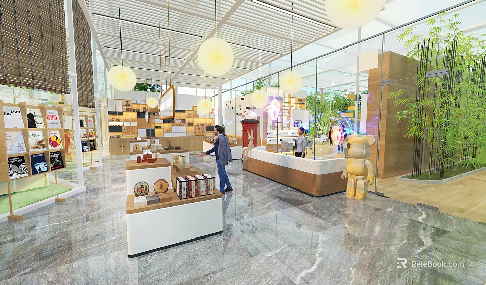 Modern Exhibition Hall Interior With Display Counters Pendant Lights Green Plants And Marble Floors 3d model 