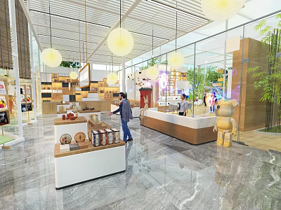 Modern Exhibition Hall Interior With Display Counters Pendant Lights Green Plants And Marble Floors 3d model