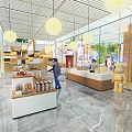 Modern Exhibition Hall Interior With Display Counters Pendant Lights Green Plants And Marble Floors 3d model
