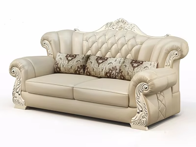 Elegant Ornate Two Seater Sofa With Beige Leather Upholstery Carved Trim And Floral Pillows 3d model