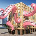 Giant Pink Octopus Tentacles Art Installation Wrapped Around Yellow Building With Modern High Rise Background