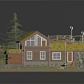 Charming Cartoon Scene With Small Cabin Yellow Roof Pine Tree Gravel Path Stones And Yard