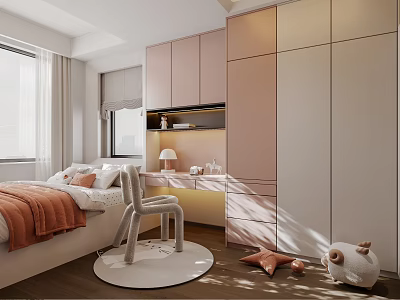 Cozy Tatami Bedroom Interior With Tatami Bed Built in Wardrobes And Decorative Chair 3d model