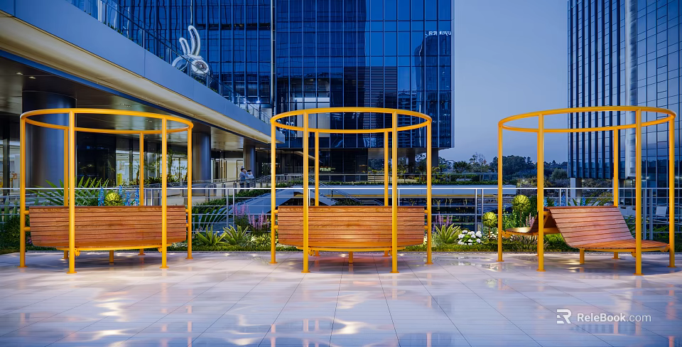Modern Landscape Seats With Wooden Seats Yellow Metal Frames And Surrounding Greenery 3d model 