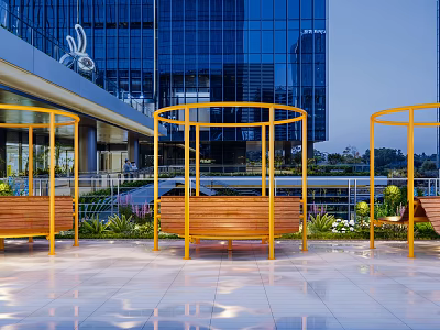 Modern Landscape Seats With Wooden Seats Yellow Metal Frames And Surrounding Greenery 3d model