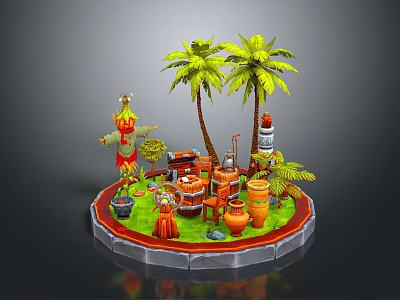 Cartoon Scene With Palm Trees Scarecrow Clay Pots And Wooden Barrels On Circular Platform 3d model