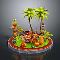 Cartoon Scene With Palm Trees Scarecrow Clay Pots And Wooden Barrels On Circular Platform