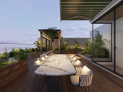 Roof Terrace Garden With Wooden Deck Marble Dining Table White Chairs Pergola And Greenery 3d model