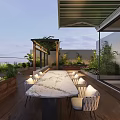 Roof Terrace Garden With Wooden Deck Marble Dining Table White Chairs Pergola And Greenery