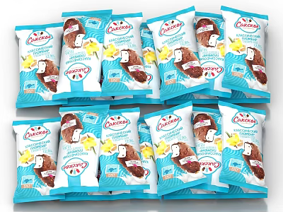 Stacked Chocolate Snack Packages With Blue Wrapper And Coconut Design 3d model