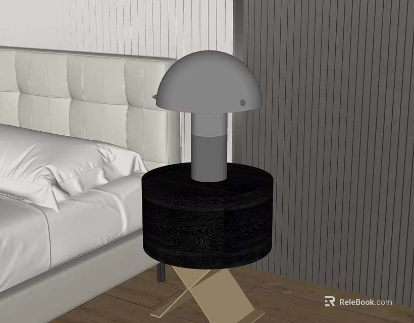 Gray Mushroom Table Lamp With Black Cylindrical Base Beside White Tufted Headboard In Bedroom 3d model 