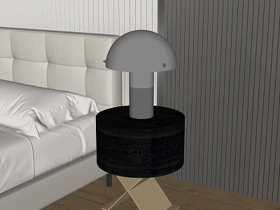 Gray Mushroom Table Lamp With Black Cylindrical Base Beside White Tufted Headboard In Bedroom 3d model