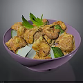 Fried Chicken Pieces with Fresh Cucumber Broccoli and Cilantro in Purple Bowl
