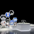 Modern Exhibition Display Setup With Hexagonal Panels And Device Model On Platform 3d model