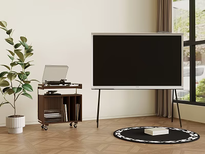 Living Room Large Screen Television With Wheeled Cart Laptop Green Plant Round Rug Wooden Floor 3d model