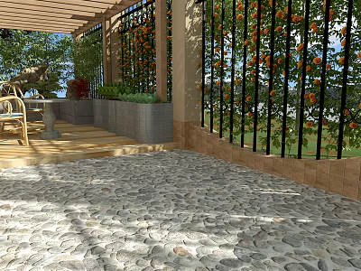 Serene Garden Landscape With Wooden Pergola Black Iron Fence Pebble Stone Floor And Outdoor Seating 3d model