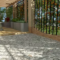 Serene Garden Landscape With Wooden Pergola Black Iron Fence Pebble Stone Floor And Outdoor Seating