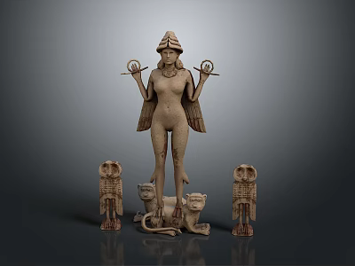 Ancient Winged Human Figure Sculpture With Headdress Scepters Sphinx Creatures And Snakes 3d model