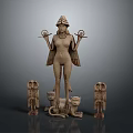 Ancient Winged Human Figure Sculpture With Headdress Scepters Sphinx Creatures And Snakes