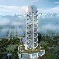 Modern Skyscraper with Geometric Design Glass Windows Trees at Base and Blue Sky White Clouds