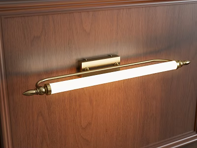 Classic Brass Wall Lamp Mounted on Wooden Panel with White Light Tube 3d model
