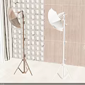 Brown and White Floor Lamps with Tripod Bases in Interior with Textured and Wooden Walls