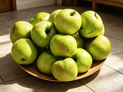 Pile of Fresh Green Apples in a Wooden Bowl on Sunlit Floor 3d model