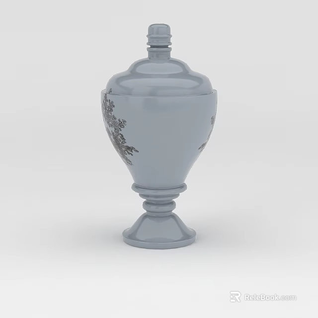 Technology Exhibition Hall Showcasing Gray Decorative Jar With Floral Patterns And Ornate Base 3d model 