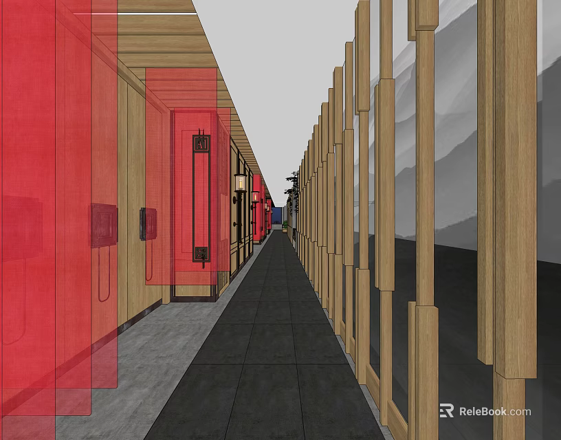 Elevator Corridor Interior With Red Doors Wooden Structures And Gray Flooring 3d model