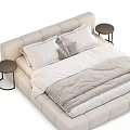 Modern Beige Upholstered Double Bed Interior With White Gray Pillows Quilt And Black Nightstand