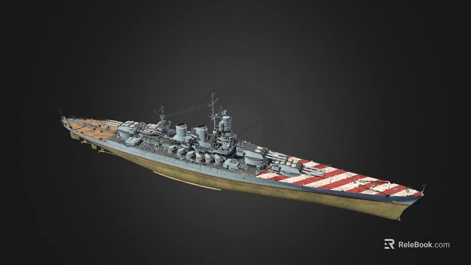 Detailed Warship 3D Model Featuring Multiple Turrets Red and White Stripes on Deck 3d model