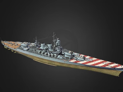 Detailed Warship 3D Model Featuring Multiple Turrets Red and White Stripes on Deck 3d model