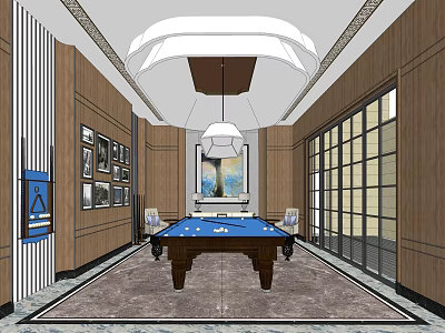 Billiard Room Interior Design With Blue Pool Table Wooden Walls Decorative Paintings And Chandelier 3d model