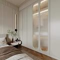 Modern Elegant Bedroom Interior With Upholstered Headboard Large Window City View Chandelier And Rug