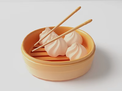 Steamed Dumplings Served in Bamboo Steamer with Chopsticks on Top 3d model
