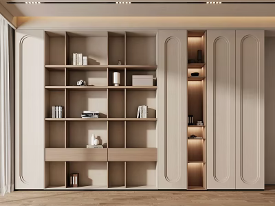 Elegant Modern Bookcase Interior With Open Multiple Shelves Beige Storage And LED Lights 3d model