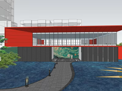 Modern Red Sales Office Building With Large Glass Windows Water Feature Stone Pathway And Greenery 3d model