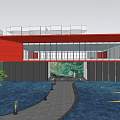 Modern Red Sales Office Building With Large Glass Windows Water Feature Stone Pathway And Greenery